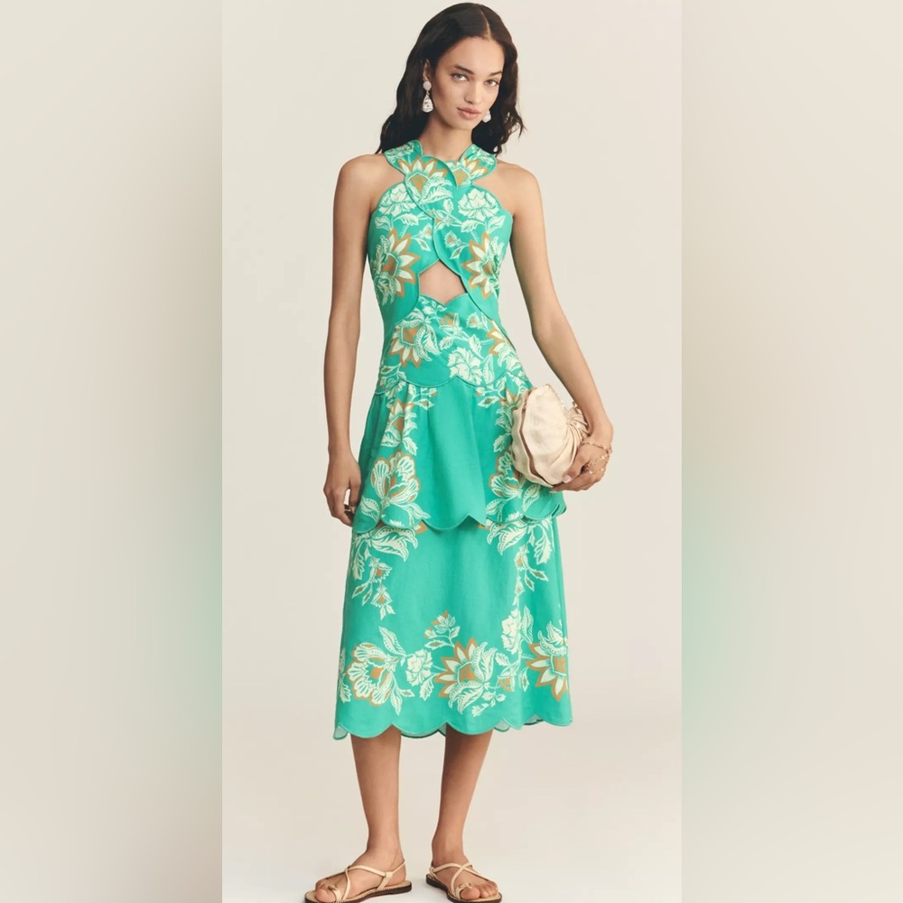 Farm Rio x Anthropologie Scalloped Halter Linen Blend Dress